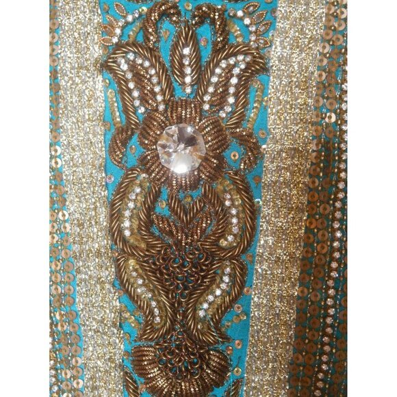 Gorgeous Beaded Teal Gold w Scarf Dress India - Picture 7 of 11